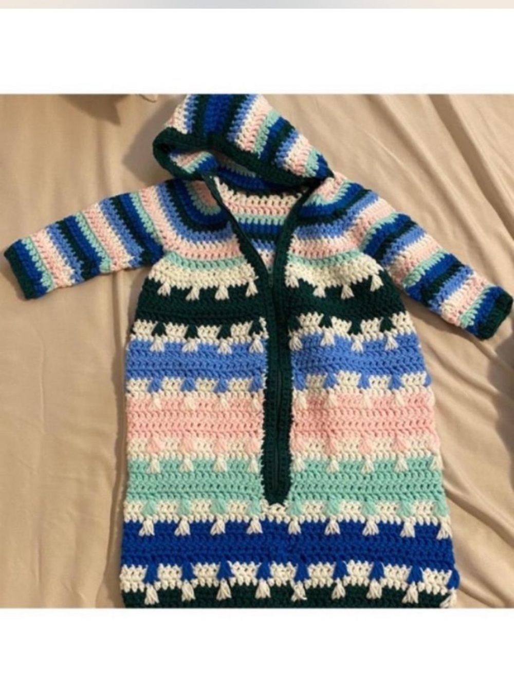Striped Crochet Hooded Baby One-Piece - Pastel Blue, Pink & Green